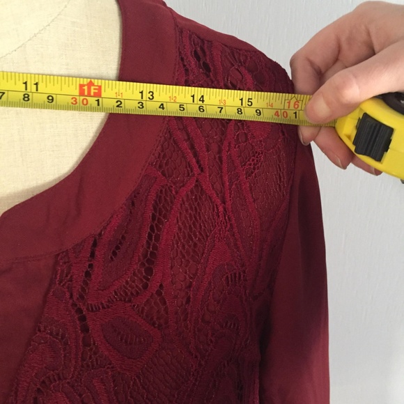 Maroon Lace Sheer Long Sleeve Blouse Button Detail - Picture 5 of 6